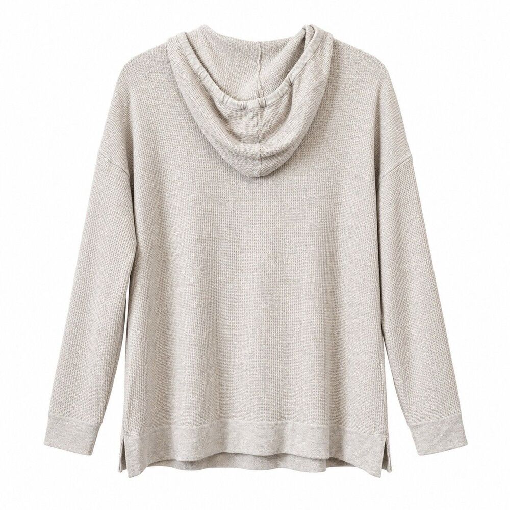 Pure Jill Hooded Top L Khaki Lightweight Waffle Knit Pullover Minimalist Coastal - Picture 5 of 8